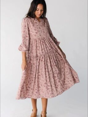 Floral Tiered Midi Dress in Dusty Rose